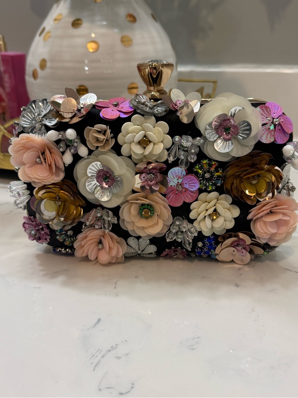 Embellished 3D Floral Evening Clutch - Pink & Cream